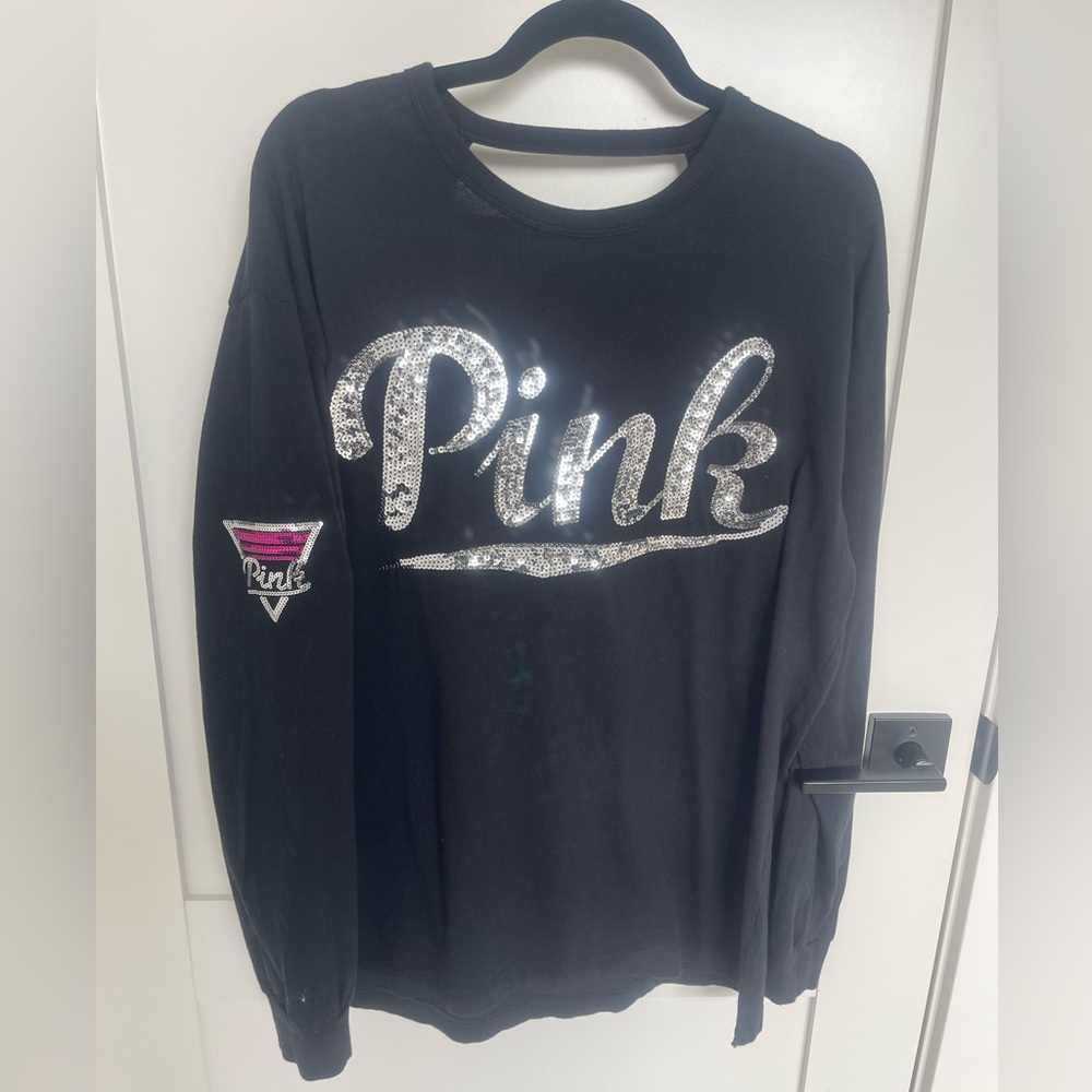 Victoria’s Secret PINK sequin logo with open back long sleeve tee